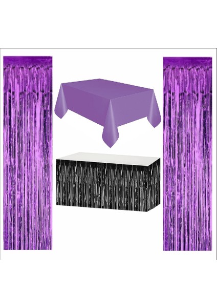 Mor Masa Örtüsü, Siyah Masa Eteği, 2 Adet Mor Arka Fon
