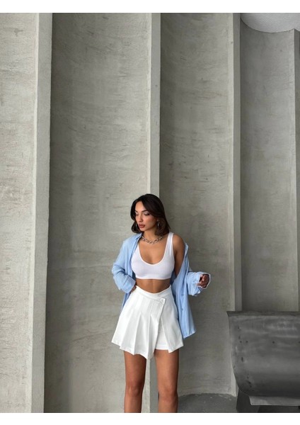 Nrtmsa Piliseli Düğmeli Şort Etek Beyaz S25813 (Beden: L) fiyatları