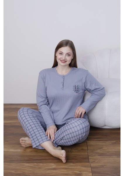 kadın Büyük Beden Desenli Yakası Düğmeli Uzun Kollu Kışlık Pijama Takımı fırsatları