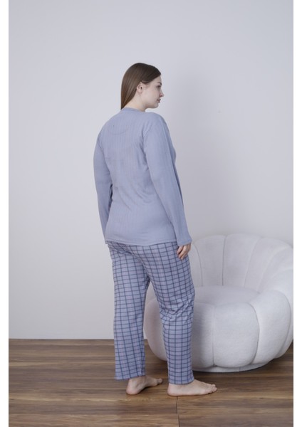 kadın Büyük Beden Desenli Yakası Düğmeli Uzun Kollu Kışlık Pijama Takımı indirimleri