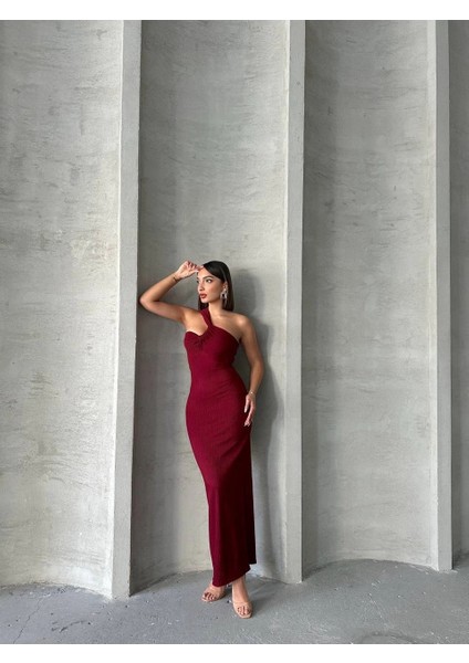 Nrtmsa Krinkıl Tek Omuz Uzun Elbise Bordo S25455 (Beden: L) indirimleri