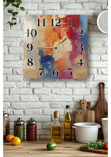 3D Görünümlü Temperli Cam Kare Saat – Soyut Renk Dokulu Uv Baskı 33X33 cm - KCS134
