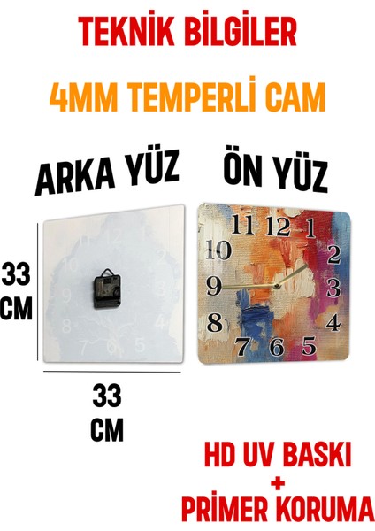 3D Görünümlü Temperli Cam Kare Saat – Soyut Renk Dokulu Uv Baskı 33X33 cm - KCS134