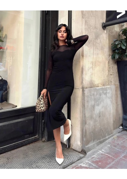 Nrtmsa Kadın Tül Detaylı Midi Boy Yırtmaçlı Elbise Siyah (Beden: S) fiyatları