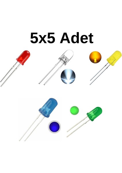 25 Adet 5mm LED Kırmızı, Sarı, Yeşil, Mavi, Beyaz 5'erli