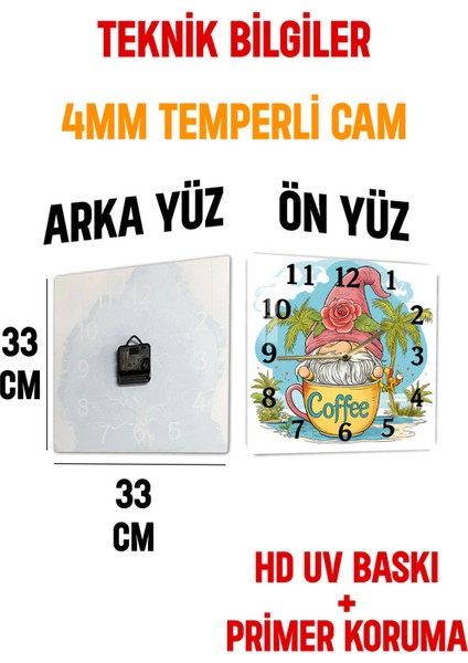 3D Görünümlü Temperli Cam Kare Saat – Kahve Cücesi Temalı Uv Baskı 33X33 cm - KCS111
