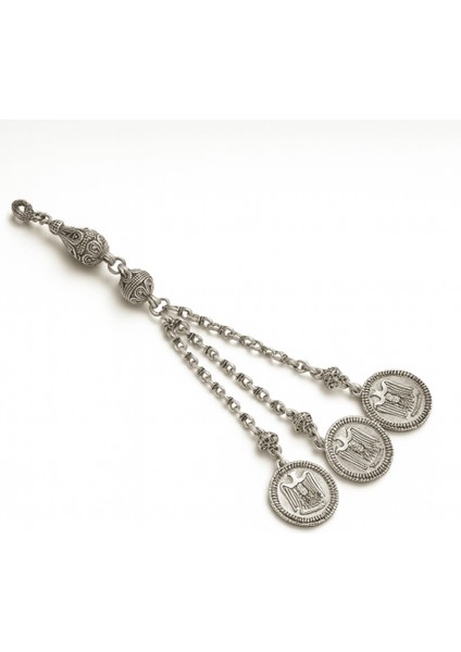 Selçuklu Kartalı Temalı Gümüş Renk Doch Zincirli Üç Kamçılı Kararmaz Metal Püskül