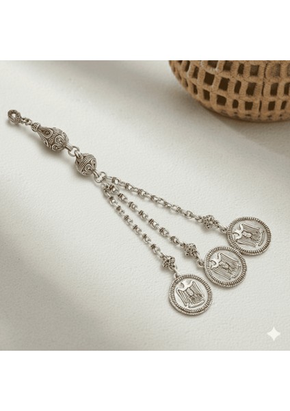 Selçuklu Kartalı Temalı Gümüş Renk Doch Zincirli Üç Kamçılı Kararmaz Metal Püskül fiyatları
