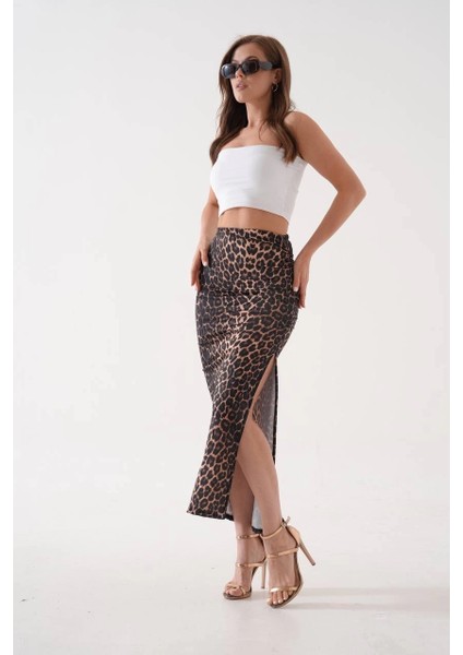 Nrtmsa Uzun Yırtmaçlı Ince Kumaş Etek Leopar Siyah (Beden: S) fırsatları