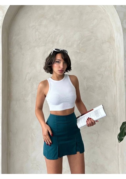 Nrtmsa Çift Yırtmaçlı Atlas Şort Etek Petrol Yeşili S240364 (Beden: L) fiyatları
