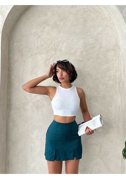 Nrtmsa Çift Yırtmaçlı Atlas Şort Etek Petrol Yeşili S240364 (Beden: L) fırsatları