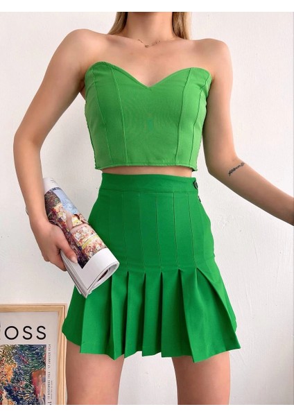 Nrtmsa Pileli Düğmeli Etek Açık Yeşil S24811 (Beden: M) indirimleri