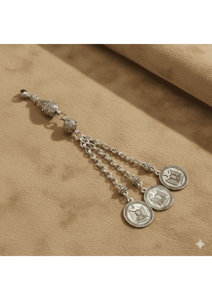 Selçuklu Kartalı Temalı Gümüş Renk Doch Zincirli Üç Kamçılı Kararmaz Metal Püskül fırsatları