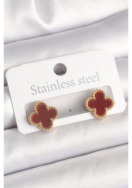 Pirinç Gold Renk Bordo Yonca Model Kadın Küpe - TJ-BKP10360
