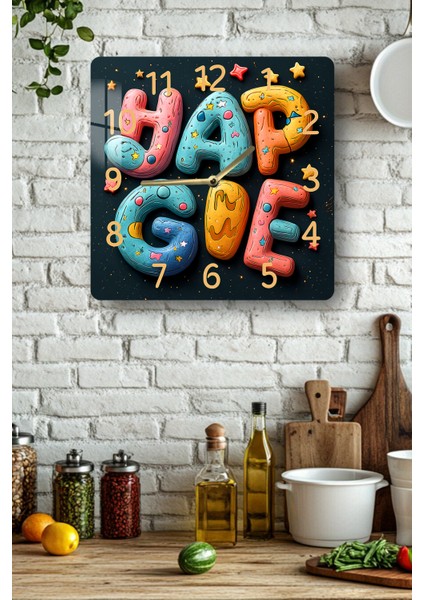 3D Görünümlü Temperli Cam Kare Saat – Eğlenceli Renkli Tipografi Desenli Uv Baskı 33X33 cm - KCS116