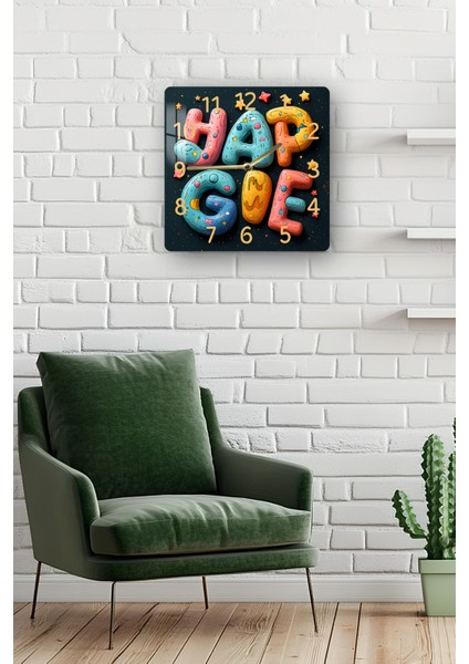 3D Görünümlü Temperli Cam Kare Saat – Eğlenceli Renkli Tipografi Desenli Uv Baskı 33X33 cm - KCS116 fiyatları