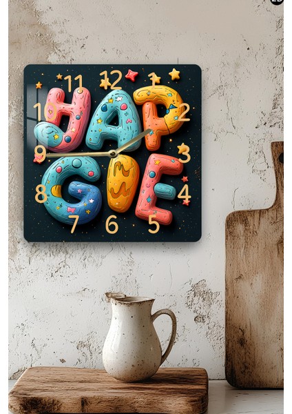 3D Görünümlü Temperli Cam Kare Saat – Eğlenceli Renkli Tipografi Desenli Uv Baskı 33X33 cm - KCS116 modelleri