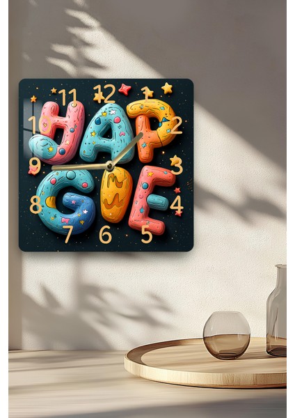 3D Görünümlü Temperli Cam Kare Saat – Eğlenceli Renkli Tipografi Desenli Uv Baskı 33X33 cm - KCS116 fırsatları