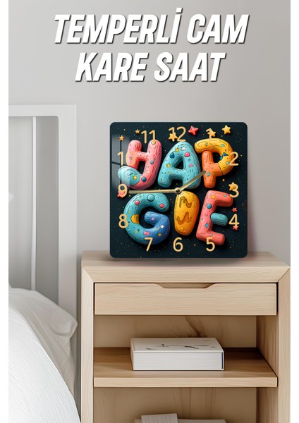 3D Görünümlü Temperli Cam Kare Saat – Eğlenceli Renkli Tipografi Desenli Uv Baskı 33X33 cm - KCS116 indirimleri