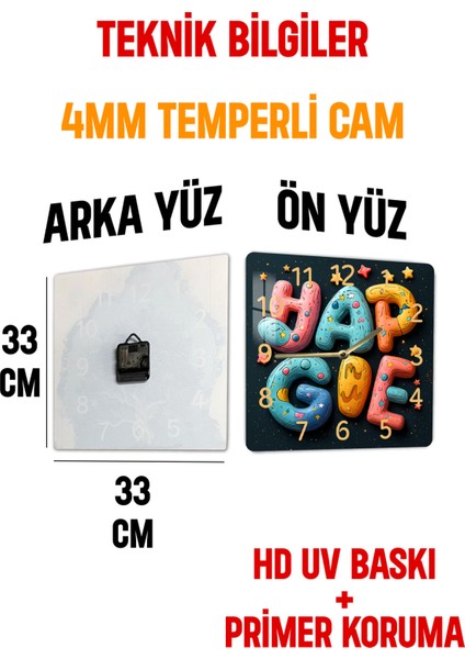 3D Görünümlü Temperli Cam Kare Saat – Eğlenceli Renkli Tipografi Desenli Uv Baskı 33X33 cm - KCS116