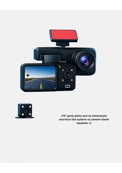 Üç Kameralı Dash Cam 170° Geniş Açılı Full Hd Gece Görüşlü fırsatları