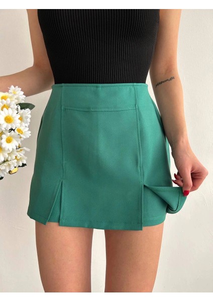 Nrtmsa Çift Yırtmaçlı Atlas Şort Etek Yeşil S240364 (Beden: L)