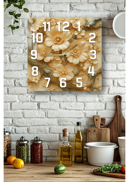 3D Görünümlü Temperli Cam Kare Saat – Krem Çiçek Deseni Uv Baskı 33X33 Cm- KCS128