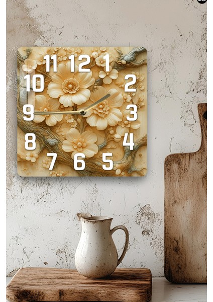 3D Görünümlü Temperli Cam Kare Saat – Krem Çiçek Deseni Uv Baskı 33X33 Cm- KCS128 modelleri