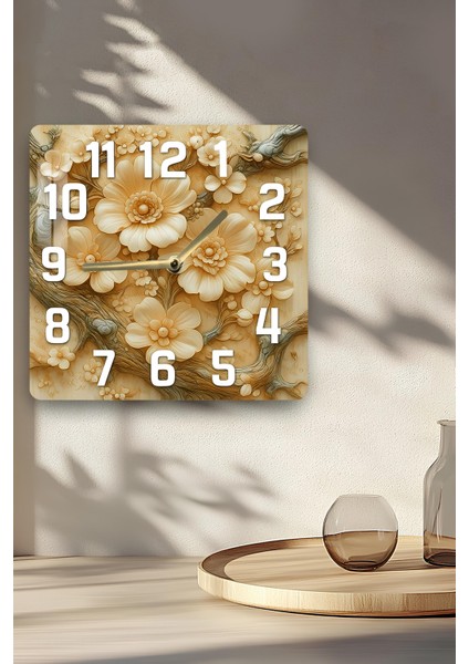 3D Görünümlü Temperli Cam Kare Saat – Krem Çiçek Deseni Uv Baskı 33X33 Cm- KCS128 fırsatları