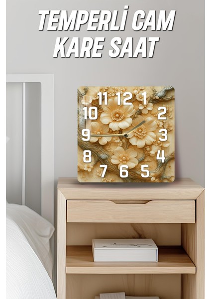 3D Görünümlü Temperli Cam Kare Saat – Krem Çiçek Deseni Uv Baskı 33X33 Cm- KCS128 indirimleri