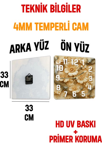 3D Görünümlü Temperli Cam Kare Saat – Krem Çiçek Deseni Uv Baskı 33X33 Cm- KCS128