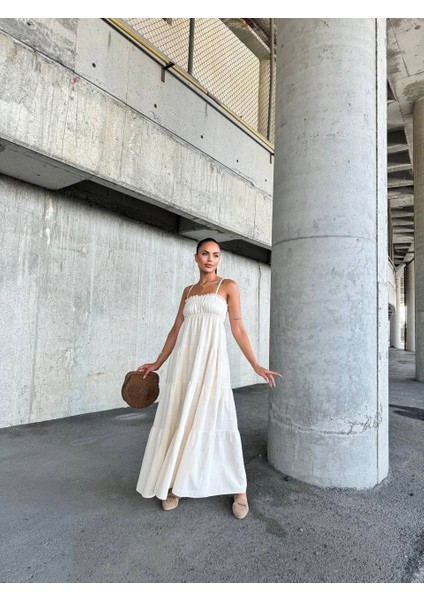 Nrtmsa Dantelli Askılı Keten Elbise S4310 Bej (Beden: L)