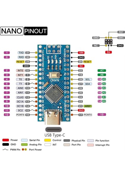 Arduino Nano CH340 Chip Klon - Type C Lehimlenmiş modelleri