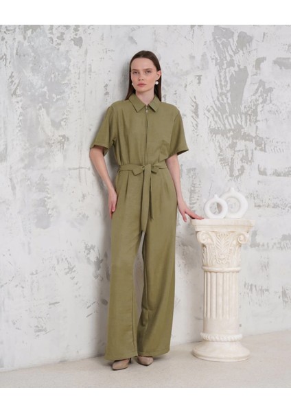 Nrtmsa Kuşaklı Gömlek Yaka Salaş Tulum Haki S255822 (Beden: S)