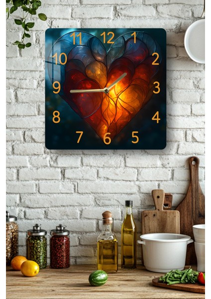 3D Görünümlü Temperli Cam Kare Saat – Işıklı Kalp Desenli Uv Baskı 33X33 cm - KCS139