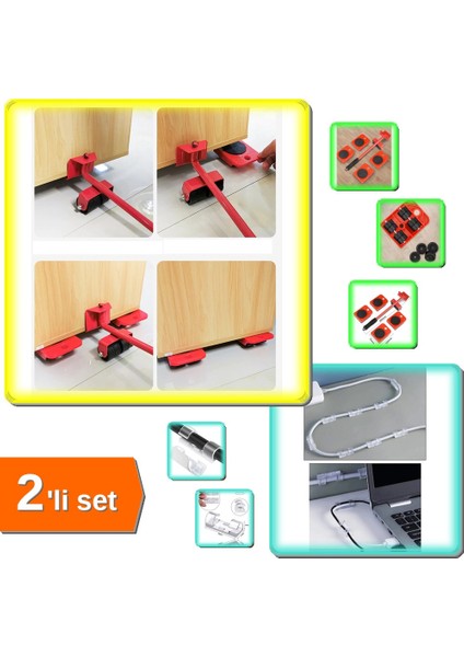5 Parça Mobilya Kaydırma Aparatı + 20 Adet Yapışkanlı Kablo Klipsi - 2li Set D5Z5L8
