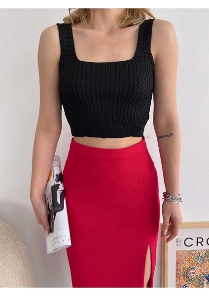 Nrtmsa Yırtmaçlı Esnek Kumaş Midi Boy Etek Koyu Kırmızı (Beden: M) modelleri