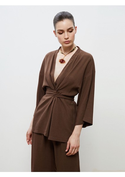 Yeni Sezon Şal Yaka Keten Karışımlı Kadın Kimono