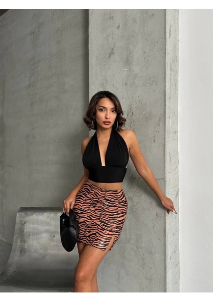 Nrtmsa Tek Yırtmaçlı Zebra Desenli Deri Etek Kahvesiyah W24475-S (Beden: Xl) indirimleri