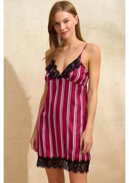 Mulvxbrf BRF02 Saten Çizgili Ip Askılı Dantelli Kısa Gecelik (Mulvix)