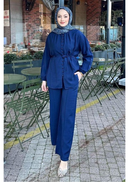 Kadın Birit Düğmeli Pantolon Takım M15807 - Lacivert