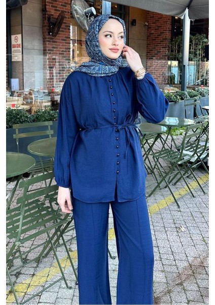 Kadın Birit Düğmeli Pantolon Takım M15807 - Lacivert