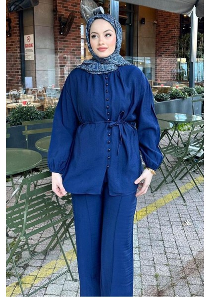 Kadın Birit Düğmeli Pantolon Takım M15807 - Lacivert