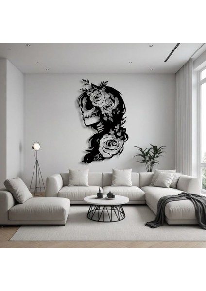 Çiçekli Kadın Kafatası Metal Duvar Dekoru – Gotik ve Sanatsal Tasarım