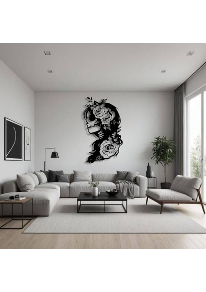 Çiçekli Kadın Kafatası Metal Duvar Dekoru – Gotik ve Sanatsal Tasarım