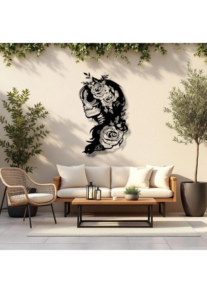 Çiçekli Kadın Kafatası Metal Duvar Dekoru – Gotik ve Sanatsal Tasarım