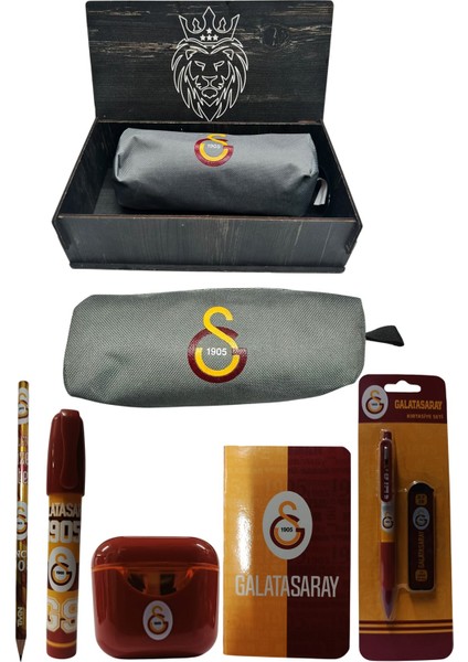 Galatasaray Orjinal Lisanslı Kırmızı Air Kalemtraş Ahşap Kutulu 6'lı Kırtasiye Seti