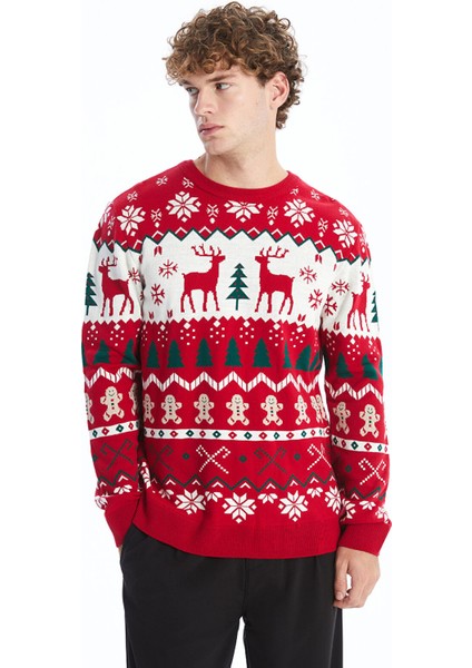 Yeni Sezon Bisiklet Yaka Uzun Kollu Yılbaşı Temalı Erkek Triko Kazak