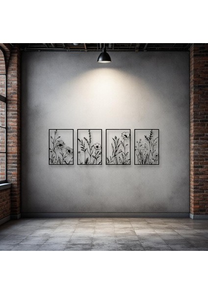 Doğal Çiçek Desenli 4 Parça Metal Duvar Dekoru – Modern Minimalist Sanat Seti