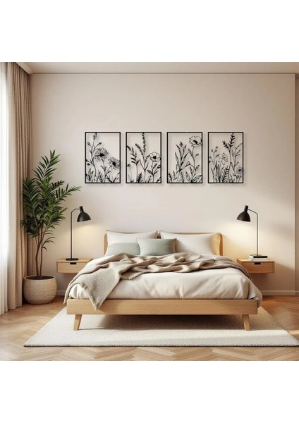 Doğal Çiçek Desenli 4 Parça Metal Duvar Dekoru – Modern Minimalist Sanat Seti